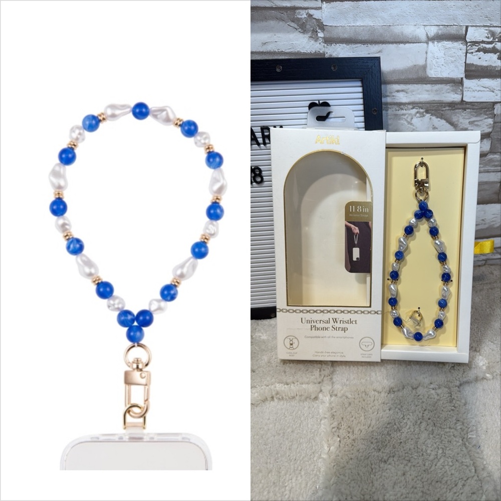 ARTIKL Santorini Pearl & Blue Bead Wristlet Phone Strap - Blue & White